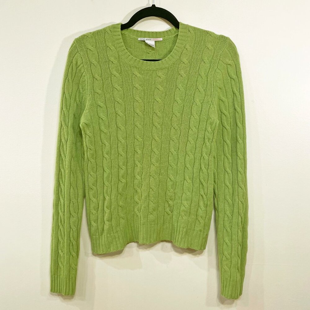 Vintage 100% Cashmere Cable Knit Sweater Lime Green Large EUC